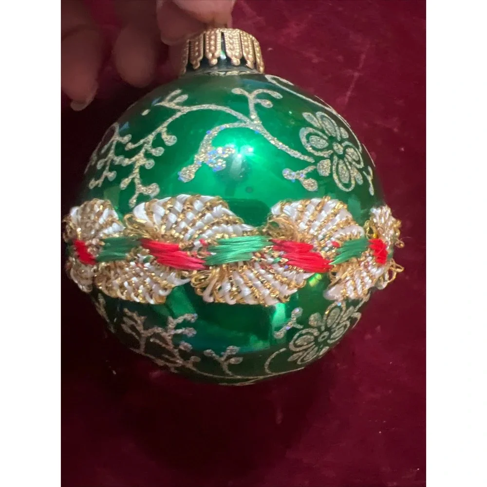 Vintage Green‎ Glass Christmas Ornament Silver Glitter Floral Braided Trim Band